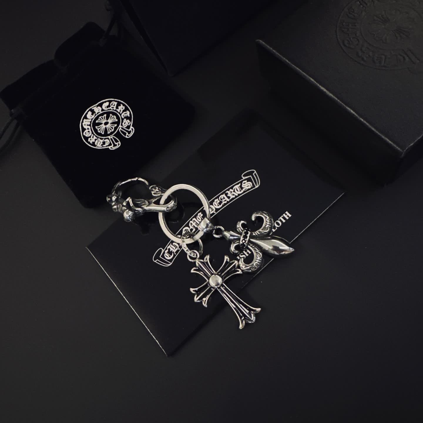 Chrome Hearts Silver Keychain with Cross and Fleur-de-lis Charms